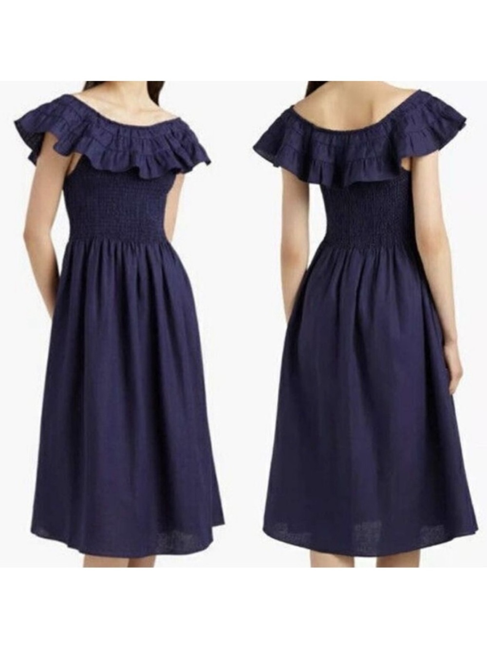 Hill House Navy Off-Shoulder Ruffle Midi Dress